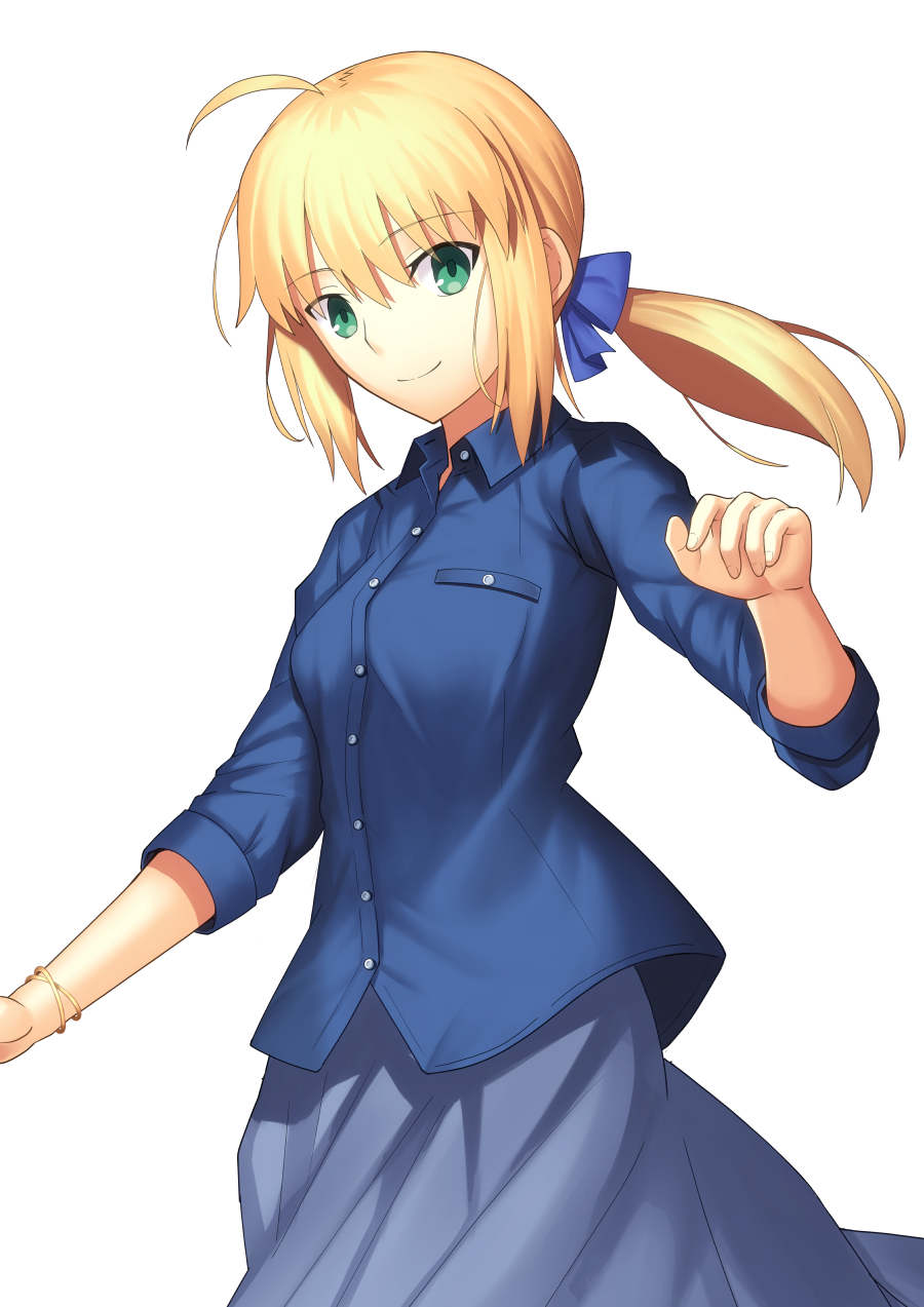 1girl ahoge artoria_pendragon_(all) bangle bangs blonde_hair blue_scrunchie blue_shirt blue_skirt bracelet breasts closed_mouth collared_shirt dress_shirt eyebrows_visible_through_hair fate/stay_night fate_(series) green_eyes hair_between_eyes hair_ornament hair_scrunchie hand_up highres jewelry long_hair long_sleeves looking_at_viewer low_ponytail mishiro_(ixtlolton) ponytail saber scrunchie shirt simple_background skirt small_breasts smile solo white_background