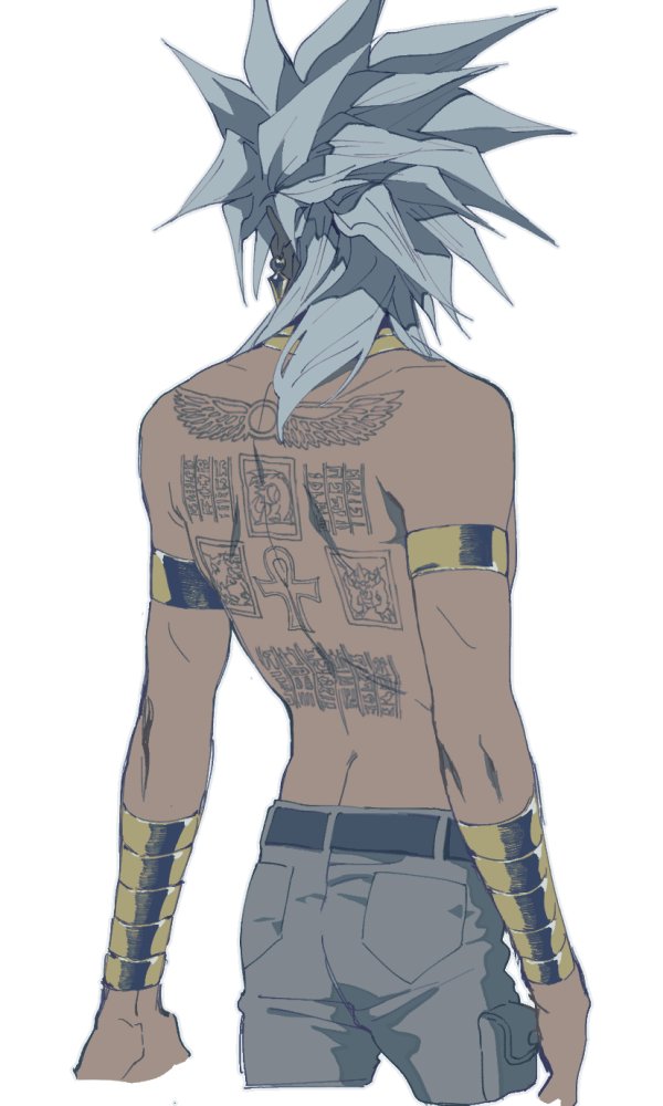 1boy armlet back_tattoo belt commentary_request cowboy_shot dark_skin dark_skinned_male earrings from_behind grey_hair jewelry long_hair male_focus marik_ishtar nobou_(32306136) pants shirtless shoulder_blades sketch solo spiky_hair tattoo white_background yu-gi-oh!