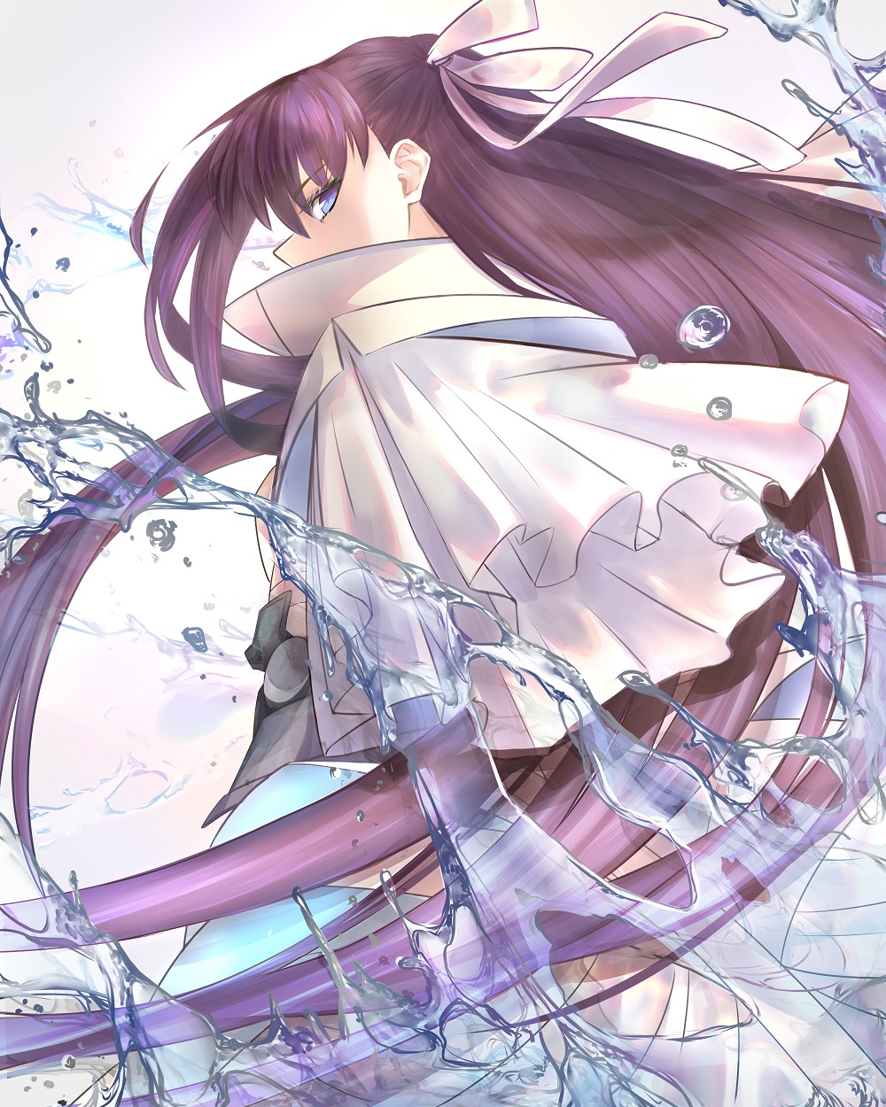 1girl air_bubble armor bangs blue_eyes bow bubble covered_mouth eyebrows_visible_through_hair fate/extra fate/extra_ccc fate/grand_order fate_(series) floating_hair from_side hair_bow high_collar highres jacket long_hair long_sleeves looking_at_viewer looking_to_the_side meltryllis mikan_(xalka) redhead sideways_glance sleeves_past_fingers sleeves_past_wrists solo standing upper_body very_long_hair water white_background white_bow white_jacket wide_sleeves