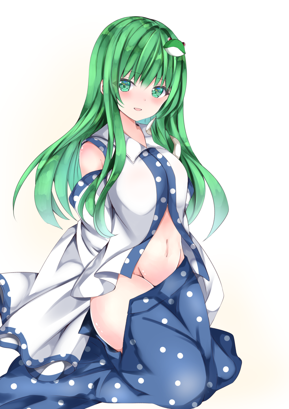 1girl :d bare_shoulders blue_skirt blush breasts commentary_request detached_sleeves eyebrows_visible_through_hair gradient gradient_background green_eyes green_hair groin highres kneeling kochiya_sanae large_breasts long_hair looking_at_viewer nanase_nao navel open_mouth polka_dot shirt simple_background skirt skirt_pull smile solo touhou white_background white_shirt wide_sleeves