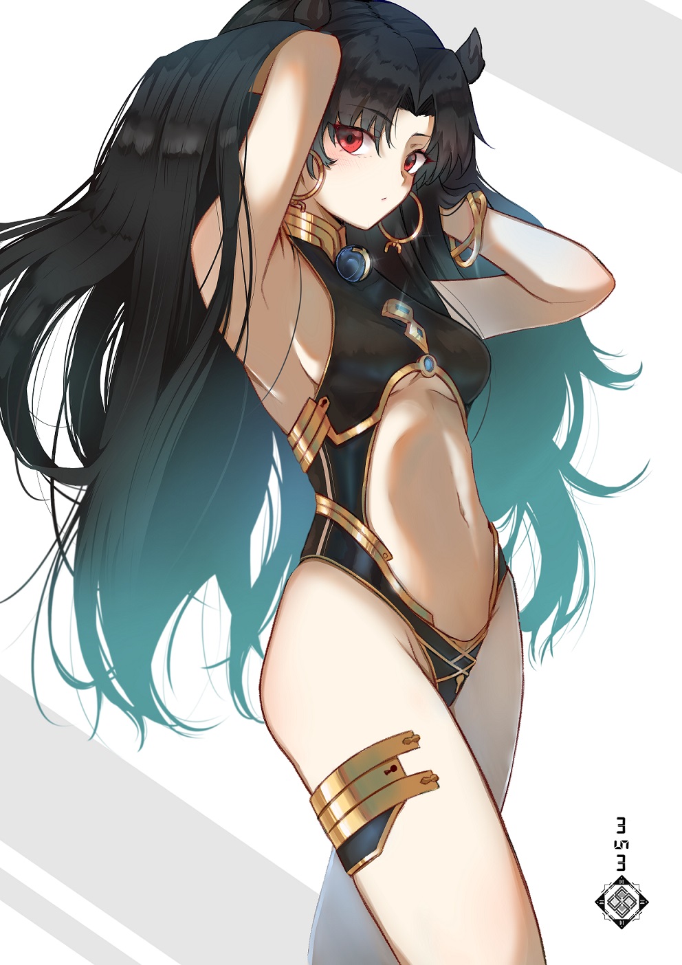 1girl armpits arms_behind_head arms_up bangs bare_shoulders black_hair black_leotard blush bracelet breasts center_opening earrings fate/grand_order fate_(series) gold_trim highres hoop_earrings ishtar_(fate)_(all) ishtar_(fate/grand_order) jewelry leotard long_hair looking_at_viewer medium_breasts navel parted_bangs red_eyes saco_(cgmore) thighs two_side_up