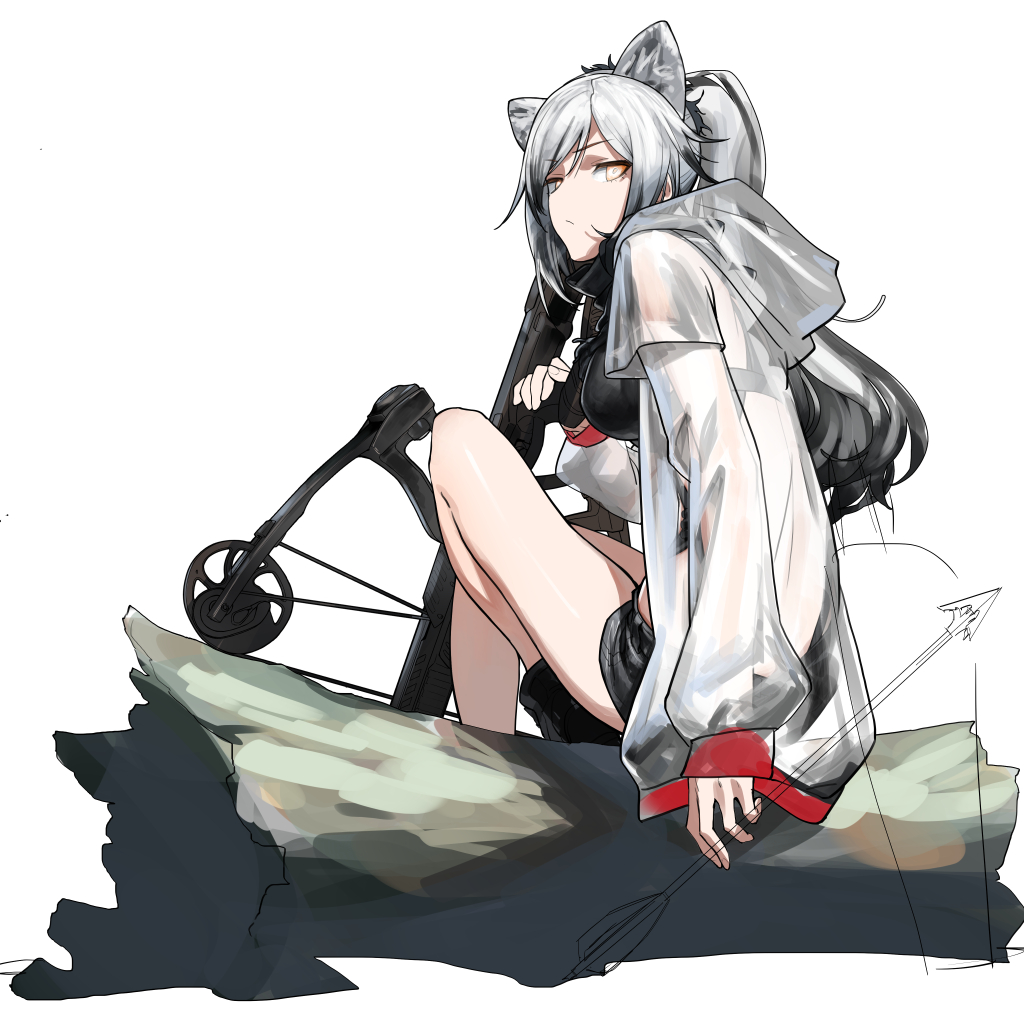 1girl animal_ears arknights arrow_(projectile) bangs bare_legs black_footwear black_hair black_shorts bow_(weapon) breasts cat_ears closed_mouth commentary crop_top crossbow eyebrows_visible_through_hair full_body holding holding_arrow holding_bow_(weapon) holding_weapon hood hooded_jacket jacket log long_hair looking_at_viewer medium_breasts multicolored_hair open_clothes open_jacket orange_eyes parted_bangs partially_colored ponytail schwarz_(arknights) see-through short_shorts shorts silver_hair simple_background sitting sitting_on_log solo tdc24 thighs two-tone_hair weapon white_background white_jacket