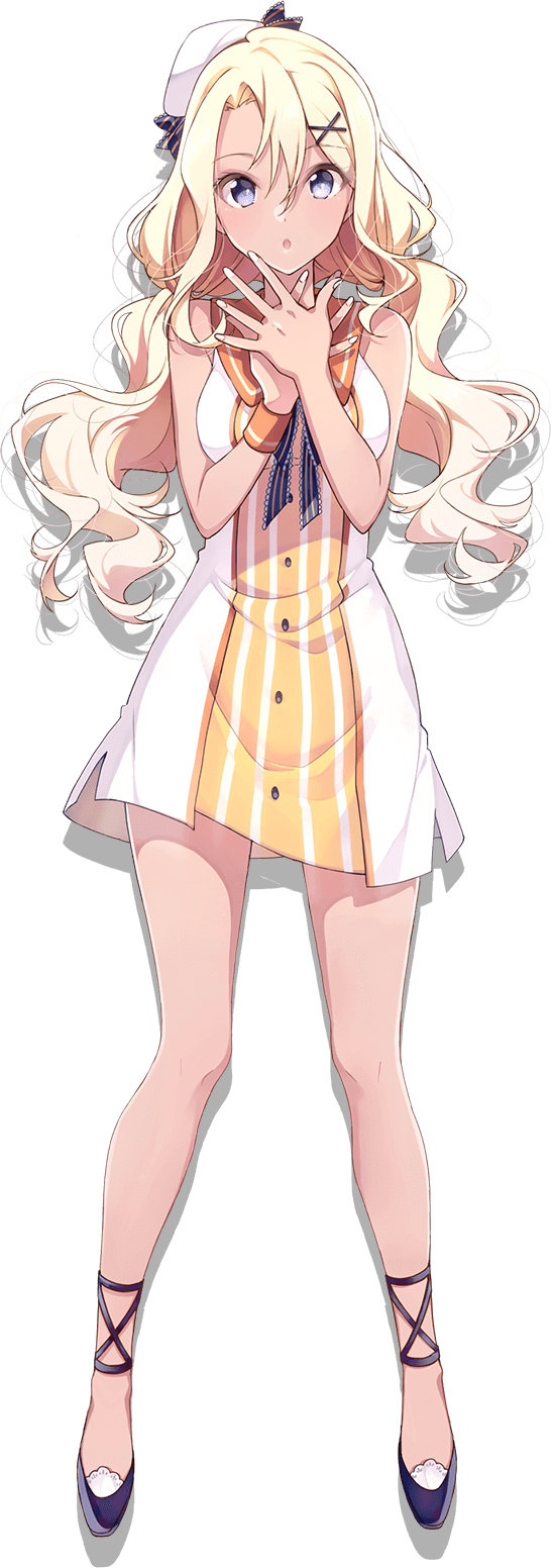ankle_strap black_footwear blonde_hair blue_eyes commentary_request curly_hair dress hair_between_eyes hair_ornament hairclip highres lapis_re:lights long_hair looking_at_viewer official_art ratura_(lapis_re:lights) sleeveless standing tan white_dress white_headwear wristband