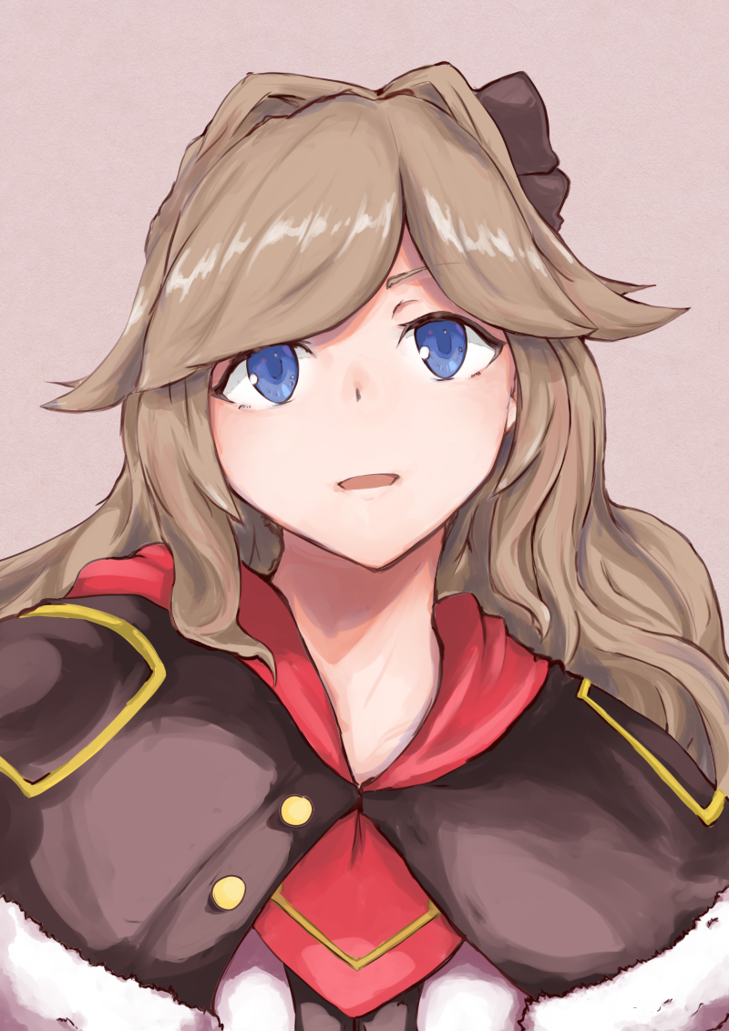 azur_lane bangs black_capelet blue_eyes brown_hair brown_ribbon capelet coat commentary_request dorsetshire_(azur_lane) eyebrows_visible_through_hair fur-trimmed_capelet fur_trim girl grey_background hair_intakes hair_ribbon long_hair looking_at_viewer marshall_k neckerchief parted_lips red_neckwear ribbon sidelocks simple_background solo upper_body white_coat