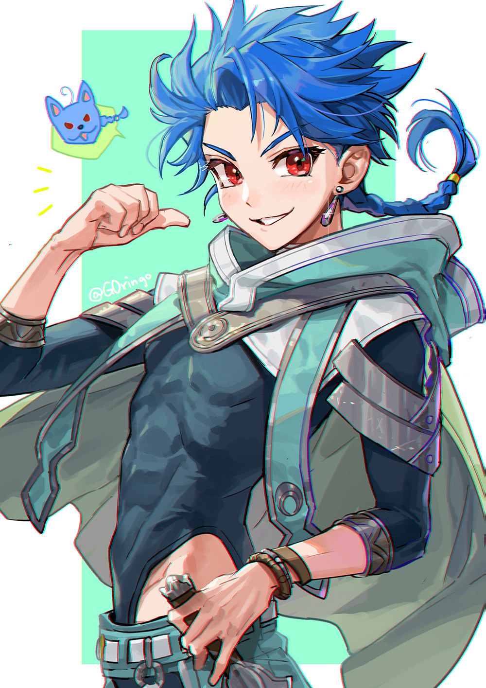 1boy belt blue_hair bracelet braid braided_ponytail capelet child cu_chulainn_(fate)_(all) earrings fate/grand_order fate/grand_order_arcade fate_(series) floating_hair from_side g0ringo highleg highres jewelry long_hair long_sleeves looking_at_viewer male_focus red_eyes setanta_(fate) skin_tight smile thumbs_up type-moon