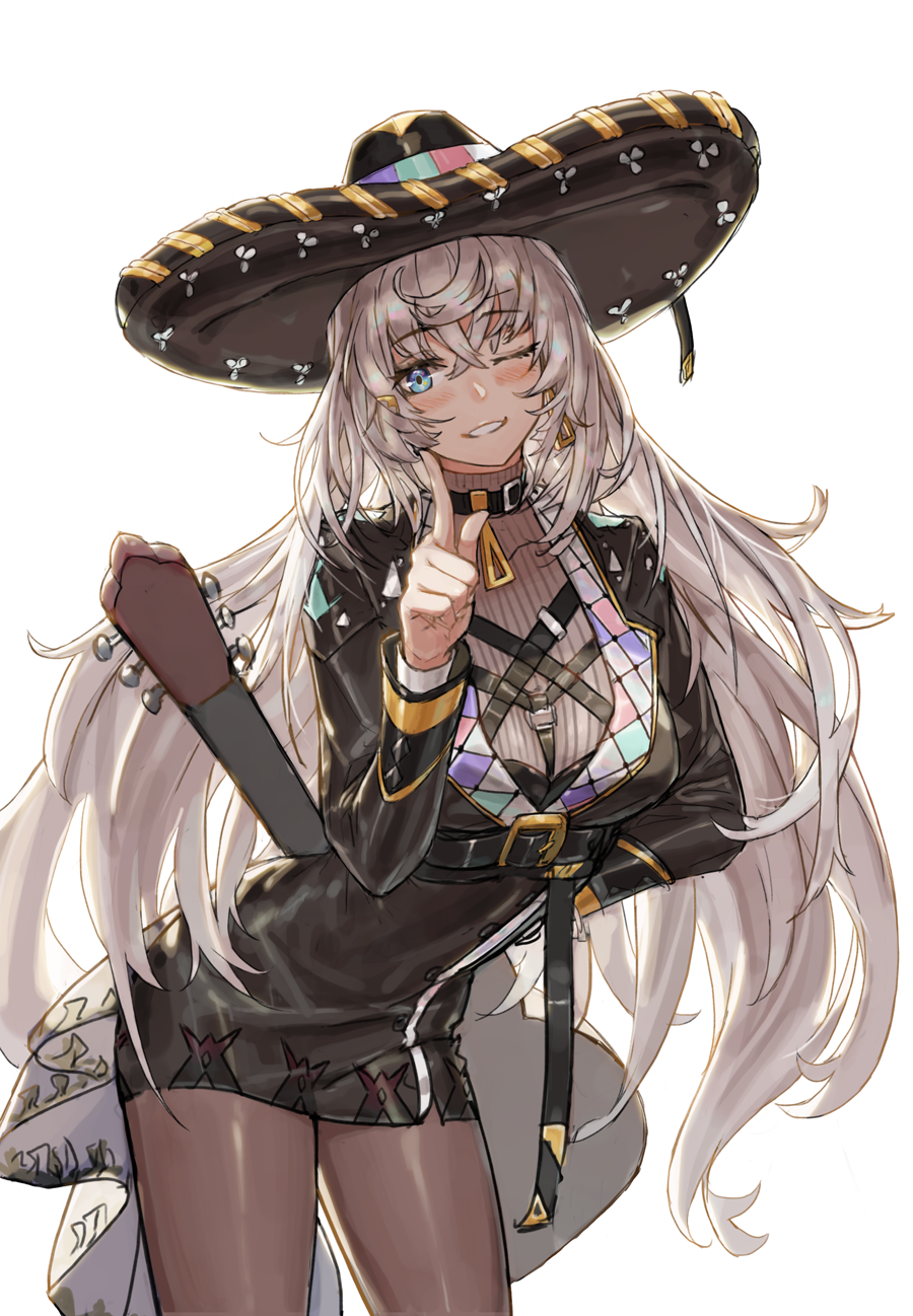 1girl aqua_eyes belt black_dress blush breasts brown_blouse brown_legwear choker cowboy_shot dress earrings eyebrows_visible_through_hair fx-05_(girls_frontline) girls_frontline guitar hair_between_eyes hat highres instrument jewelry kahill light_brown_hair long_hair long_sleeves looking_at_viewer mariachi medium_breasts mexican mexican_dress mexico one_eye_closed pantyhose simple_background smile solo sombrero turtleneck very_long_hair white_background