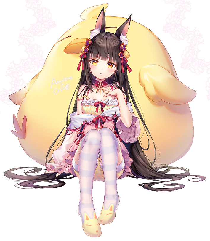 1girl alternate_costume animal_ear_fluff animal_ears azur_lane bangs bare_shoulders black_hair blush coco_ichibanya commentary_request fox_ears hair_ornament long_hair looking_at_viewer manjuu_(azur_lane) nagato_(azur_lane) off_shoulder official_art pajamas riichu slippers solo thigh-highs very_long_hair yellow_eyes