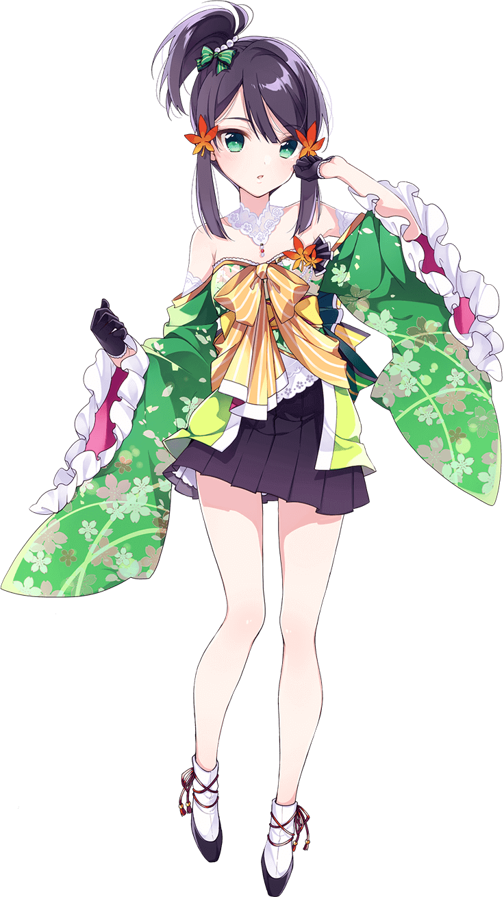 ankle_strap black_footwear black_gloves black_hair black_skirt breasts commentary_request dress flower gloves green_dress green_eyes hair_ornament hand_on_own_cheek hand_on_own_face highres kaede_(lapis_re:lights) lapis_re:lights leaf looking_at_viewer maple_leaf official_art side_ponytail skirt sleeveless small_breasts standing white_legwear wide_sleeves
