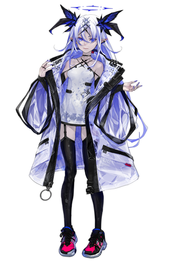 1girl bangs bare_shoulders blue_eyes choker dress earrings fingernails full_body garter_straps hair_between_eyes hair_ornament halo jacket jewelry long_fingernails long_hair looking_at_viewer original pointy_ears purple_nails redjuice shoes sneakers solo thighs transparent_background