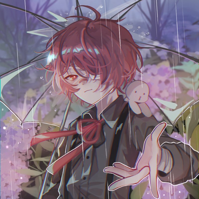 1boy black_shirt commentary creature flower fukase hair_over_one_eye holding holding_umbrella light_smile looking_at_viewer neck_ribbon nu_nu_s2 o3o on_shoulder one_eye_covered outstretched_arm pink_flower point_(vocaloid) rain reaching_out red_eyes red_neckwear red_ribbon redhead ribbon shirt transparent transparent_umbrella umbrella upper_body vocaloid