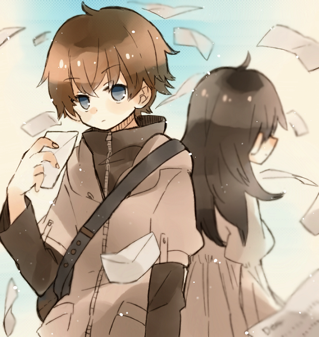 1boy 1girl blue_sky blush brown_coat brown_dress brown_hair character_request coat day dress envelope hand_up letter long_sleeves looking_at_viewer mashiro_hiro outdoors short_hair sky upper_body wind