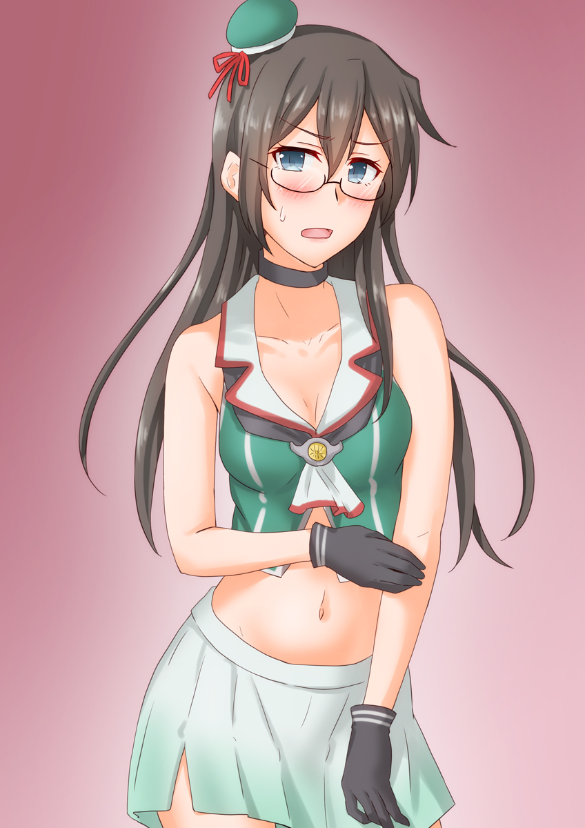 1girl alternate_costume anti_(untea9) black_hair blue_eyes blush breasts choukai_(kantai_collection) choukai_(kantai_collection)_(cosplay) cosplay glasses gloves highres kantai_collection long_hair medium_breasts ooyodo_(kantai_collection) open_mouth pleated_skirt school_uniform semi-rimless_eyewear serafuku skirt solo under-rim_eyewear