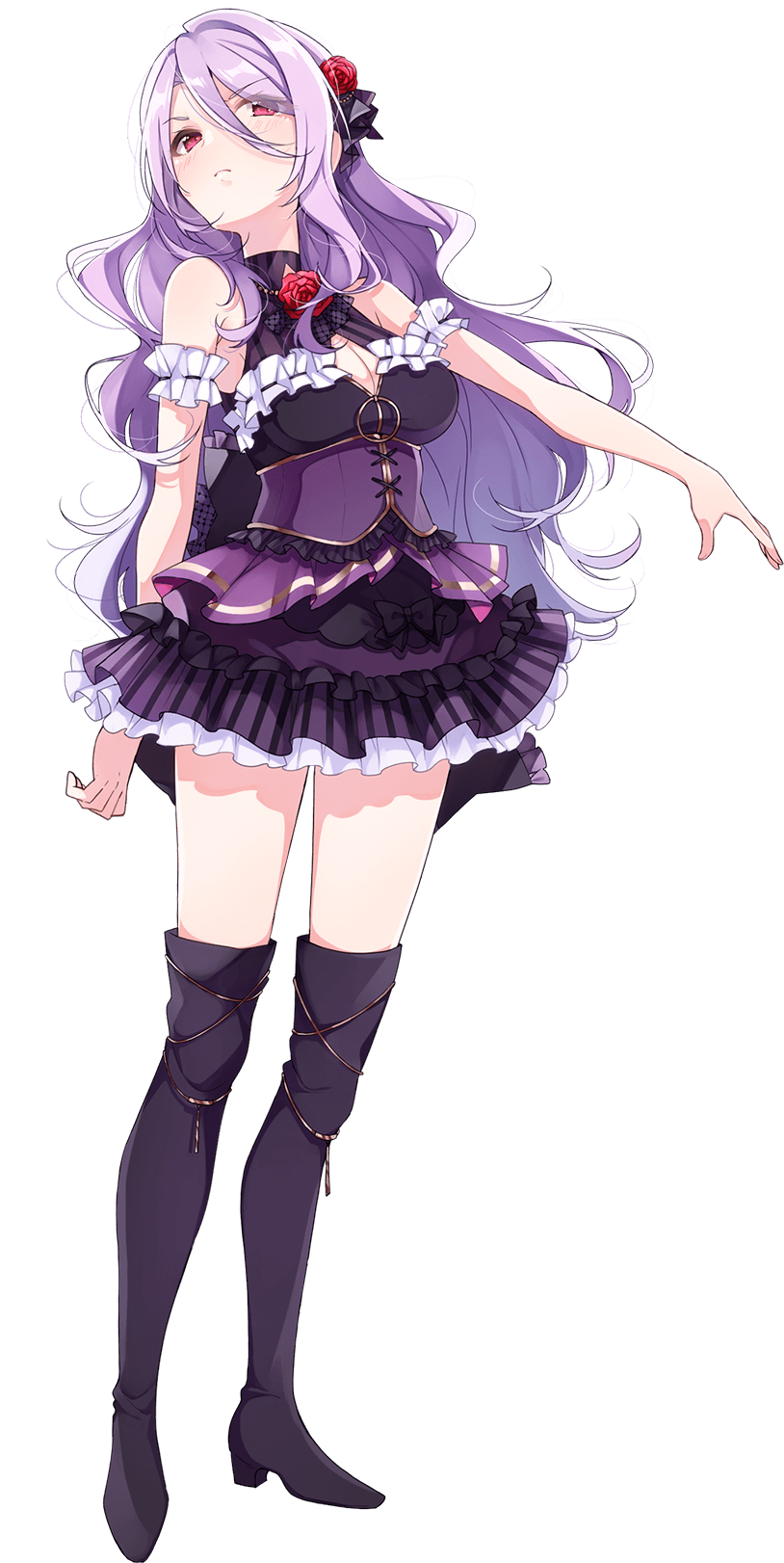 black_dress boots commentary_request dress emilia_(lapis_re:lights) flower hair_ornament high_heel_boots high_heels highres lapis_re:lights light_purple_hair looking_at_viewer looking_down official_art red_eyes red_flower red_rose rose sleeveless standing