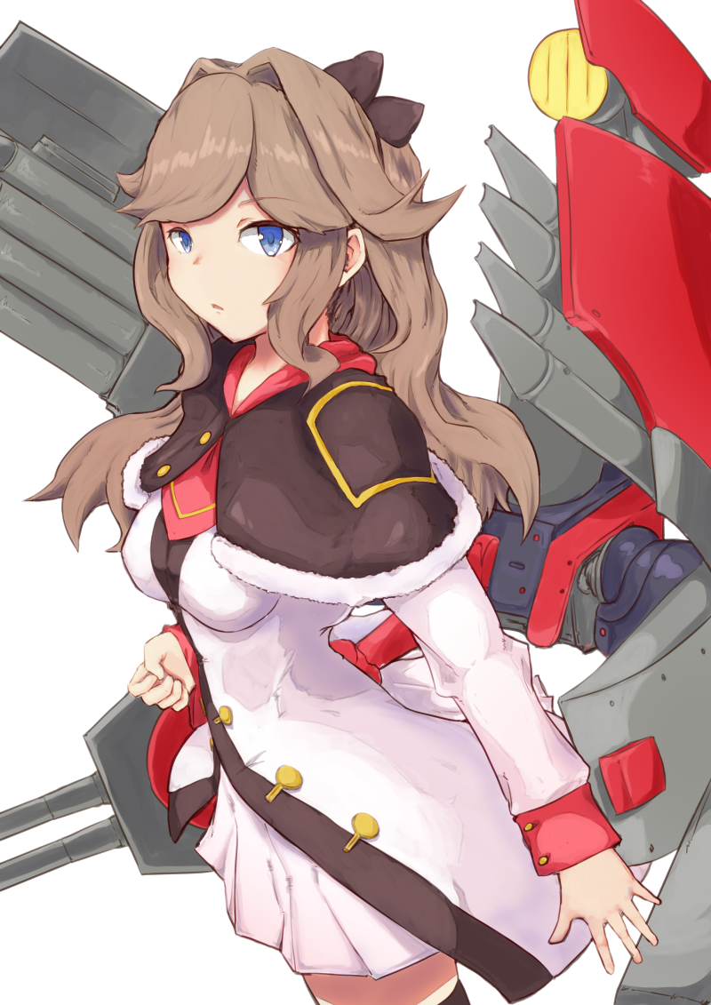 1girl azur_lane bangs black_capelet black_legwear blue_eyes breasts brown_hair brown_ribbon capelet clenched_hand coat commentary_request cowboy_shot dorsetshire_(azur_lane) dress eyebrows_visible_through_hair fur-trimmed_capelet fur_trim hair_intakes hair_ribbon long_hair long_sleeves looking_at_viewer marshall_k medium_breasts neckerchief parted_lips red_neckwear ribbon rigging searchlight sidelocks simple_background solo standing thigh-highs torpedo_tubes turret white_background white_coat white_dress zettai_ryouiki
