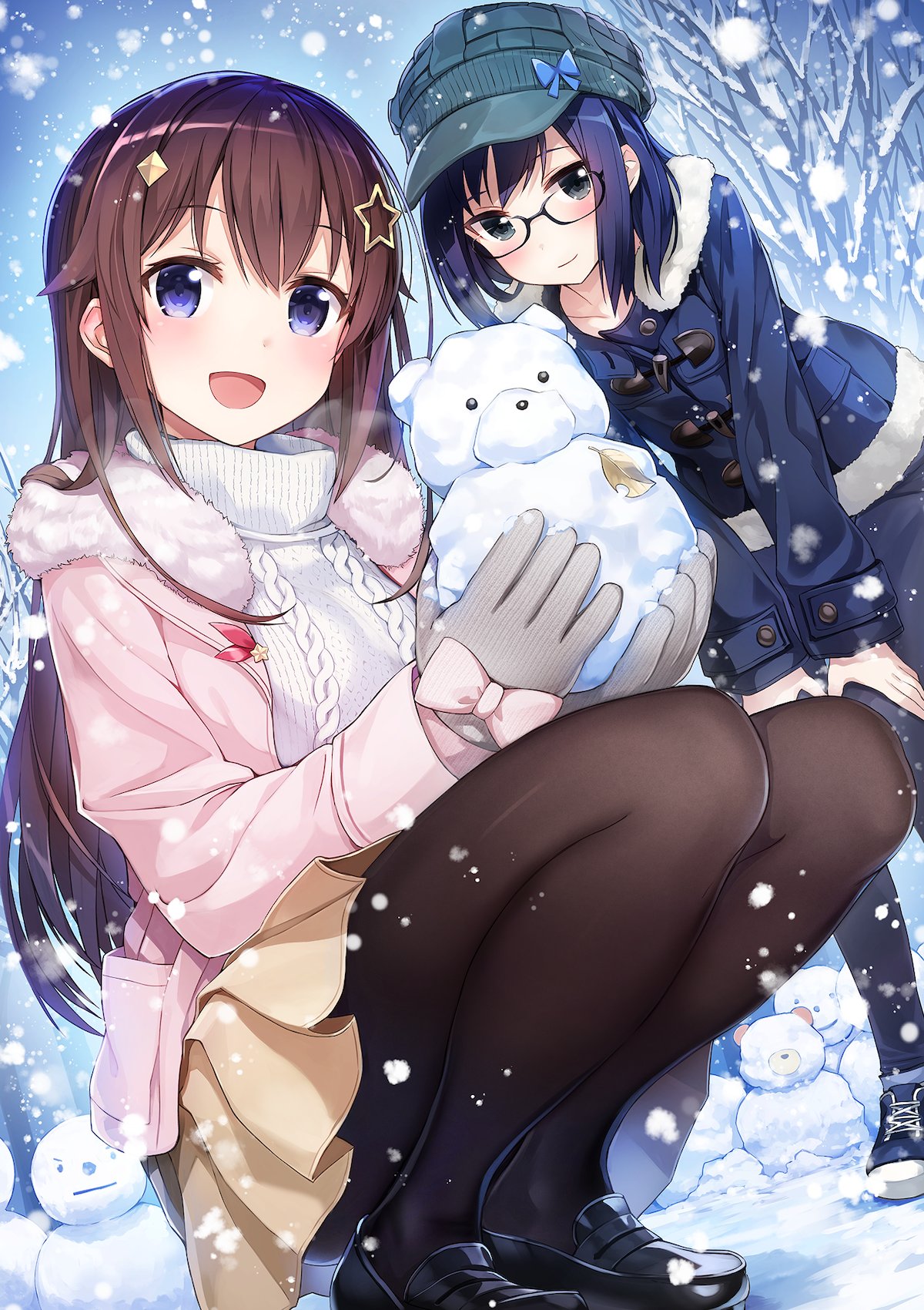 2girls :d alternate_costume amagai_tarou ankimo_(tokino_sora) aran_sweater black-framed_eyewear black_footwear black_legwear blue_coat blue_eyes blue_footwear blue_hair blue_headwear blue_pants blush bow breasts brown_hair brown_skirt closed_mouth coat commentary full_body fur-trimmed_coat fur_trim glasses grey_mittens hair_ornament hands_on_own_knees hat highres holding hololive leaf leaning_forward long_hair looking_at_viewer medium_breasts miniskirt mittens multiple_girls open_clothes open_coat open_mouth outdoors pants pantyhose pink_bow pink_coat pleated_skirt semi-rimless_eyewear shoes short_hair skirt smile sneakers snow snowing snowman squatting standing star_(symbol) straight_hair sweater tokino_sora turtleneck turtleneck_sweater violet_eyes virtual_youtuber white_sweater winter_clothes winter_coat yuujin_a_(hololive)