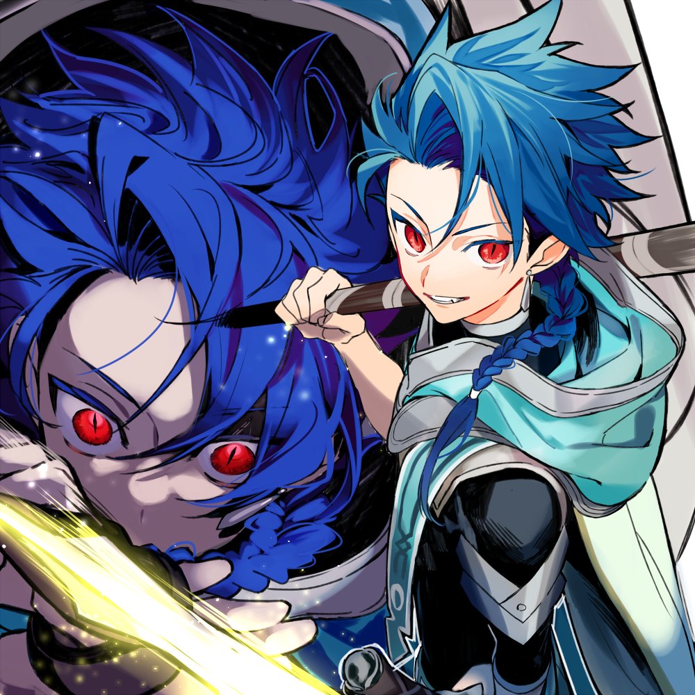 1boy blue_hair braid braided_ponytail cape close-up cu_chulainn_(fate)_(all) dagger earrings fate/grand_order fate/grand_order_arcade fate_(series) holding holding_staff hood hood_down hooded_cape jewelry long_hair looking_at_viewer male_focus multiple_views red_eyes setanta_(fate) smile spiky_hair staff tatsuta_age type-moon weapon
