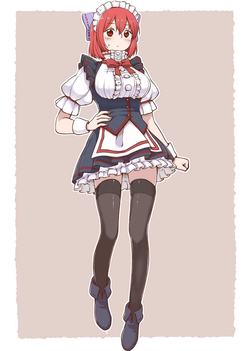 1girl alternate_costume apron black_footwear black_legwear border bow bowtie breasts brown_background buttons closed_mouth duplicate eyebrows_visible_through_hair frills full_body hair_between_eyes hand_on_hip high_collar large_breasts looking_at_viewer maid maid_headdress poronegi puffy_short_sleeves puffy_sleeves red_bow red_eyes red_neckwear red_ribbon redhead ribbon ribbon-trimmed_bow sekibanki short_hair short_sleeves simple_background solo standing sweat thigh-highs touhou waist_apron white_apron white_border white_headdress wrist_cuffs