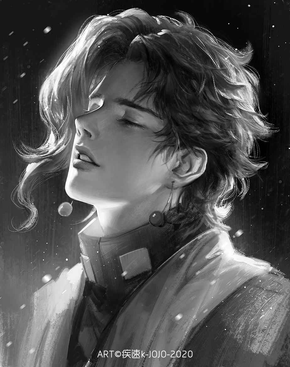 1boy cdash817 closed_eyes copyright_name dated earrings greyscale jewelry jojo_no_kimyou_na_bouken kakyouin_noriaki male_focus medium_hair monochrome parted_lips portrait solo watermark