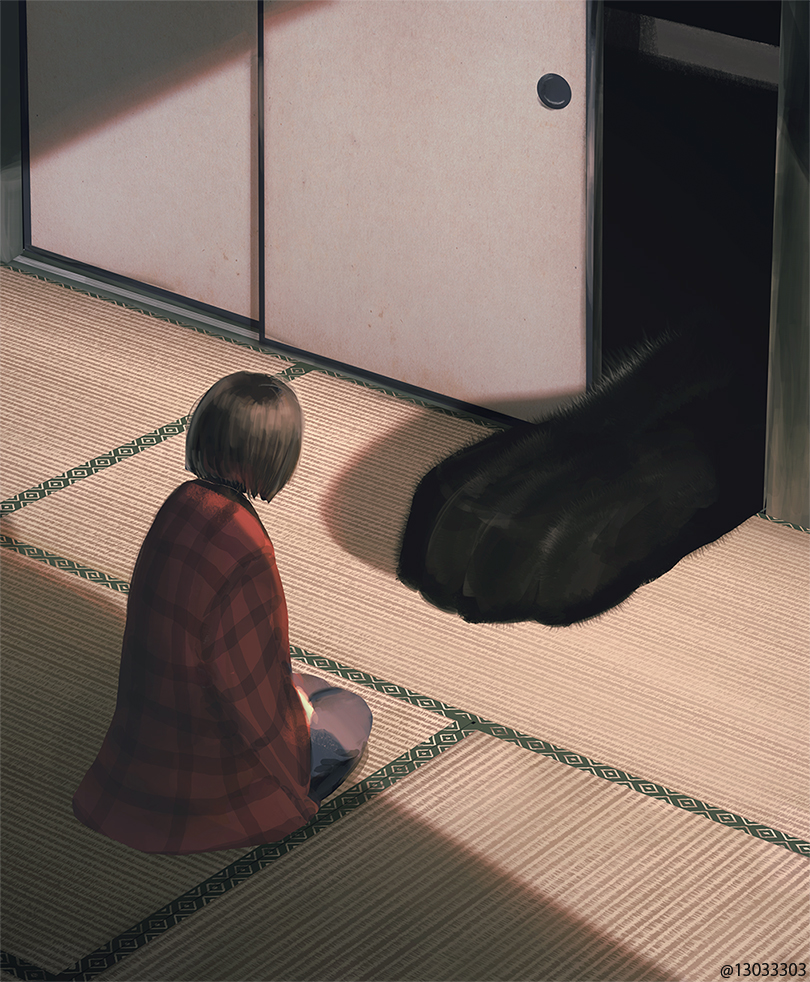 1girl animal arizuka_(13033303) bangs brown_hair cat cat_paw commentary_request from_behind fusuma indoors jacket japanese_clothes long_sleeves on_floor original oversized_animal plaid_jacket red_jacket seiza short_hair sitting sliding_doors solo tagme tatami