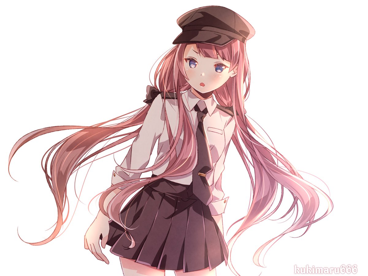 1girl black_headwear black_neckwear black_skirt blue_eyes blush collared_shirt cowboy_shot kantai_collection kawakaze_(kantai_collection) kukimaru long_hair long_sleeves necktie open_mouth pleated_skirt redhead shirt simple_background skirt solo twitter_username white_background white_shirt