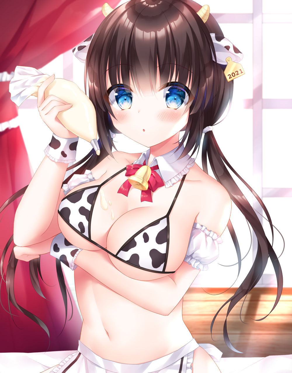 1girl :o animal_ears animal_print apron bangs bikini black_hair blue_eyes blush commentary_request cow_ears cow_girl cow_horns cow_print curtains detached_sleeves ear_tag eyebrows_visible_through_hair frilled_apron frills hair_between_eyes hand_up highres holding horns indoors kohinata_hoshimi long_hair looking_at_viewer low_twintails navel original parted_lips pastry_bag print_bikini puffy_short_sleeves puffy_sleeves short_sleeves solo swimsuit twintails very_long_hair waist_apron white_apron white_bikini white_sleeves window wooden_floor wrist_cuffs