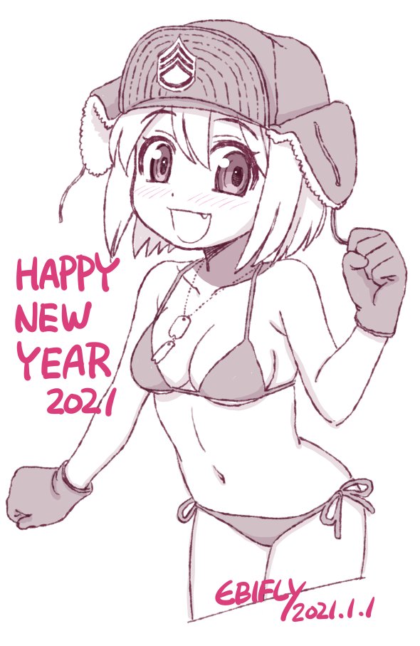 1girl 2021 :d bikini blush breasts cowboy_shot dated dog_tags dot_nose ebifly fang fur_hat gloves hand_up happy_new_year hat legs_together looking_at_viewer medium_breasts monochrome navel new_year open_mouth original side-tie_bikini signature simple_background smile solo standing swimsuit ushanka white_background