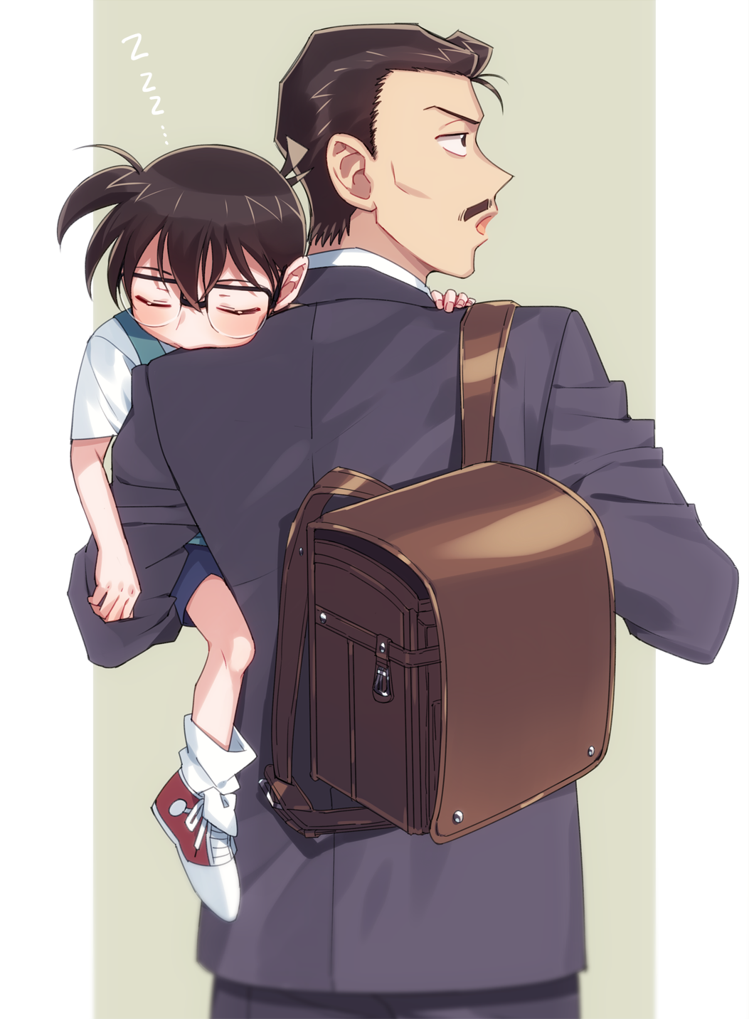 2boys backpack bag bangs black-framed_eyewear black_eyes black_hair blue_shorts blue_vest blush brown_bag carrying child closed_eyes closed_mouth edogawa_conan facial_hair from_behind glasses highres jacket k_(gear_labo) long_sleeves looking_to_the_side male_focus meitantei_conan mouri_kogoro multiple_boys mustache open_mouth pillarboxed purple_jacket purple_suit red_footwear school_bag shirt shoes short_hair short_sleeves shorts simple_background sleeping sneakers socks upper_body vest white_legwear white_shirt zzz