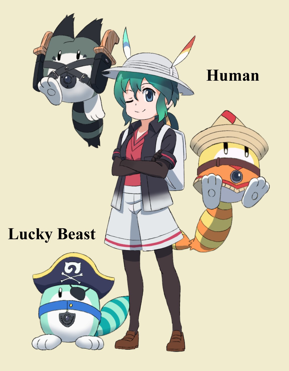 1girl ;) backpack bag bangs beige_background black_blouse black_gloves black_legwear blouse blue_eyes brown_footwear character_name collared_blouse commentary_request crossed_arms elbow_gloves english_text eyepatch gloves green_hair grey_headwear grey_shorts hat hat_feather helmet highres japari_symbol kaban_(kemono_friends) kemono_friends legwear_under_shorts loafers low_ponytail lucky_beast_(kemono_friends) older one_eye_closed open_blouse open_clothes pantyhose pirate_hat pith_helmet red_shirt shirt shoes shorts sidelocks simple_background smile v-neck yamaguchi_yoshimi