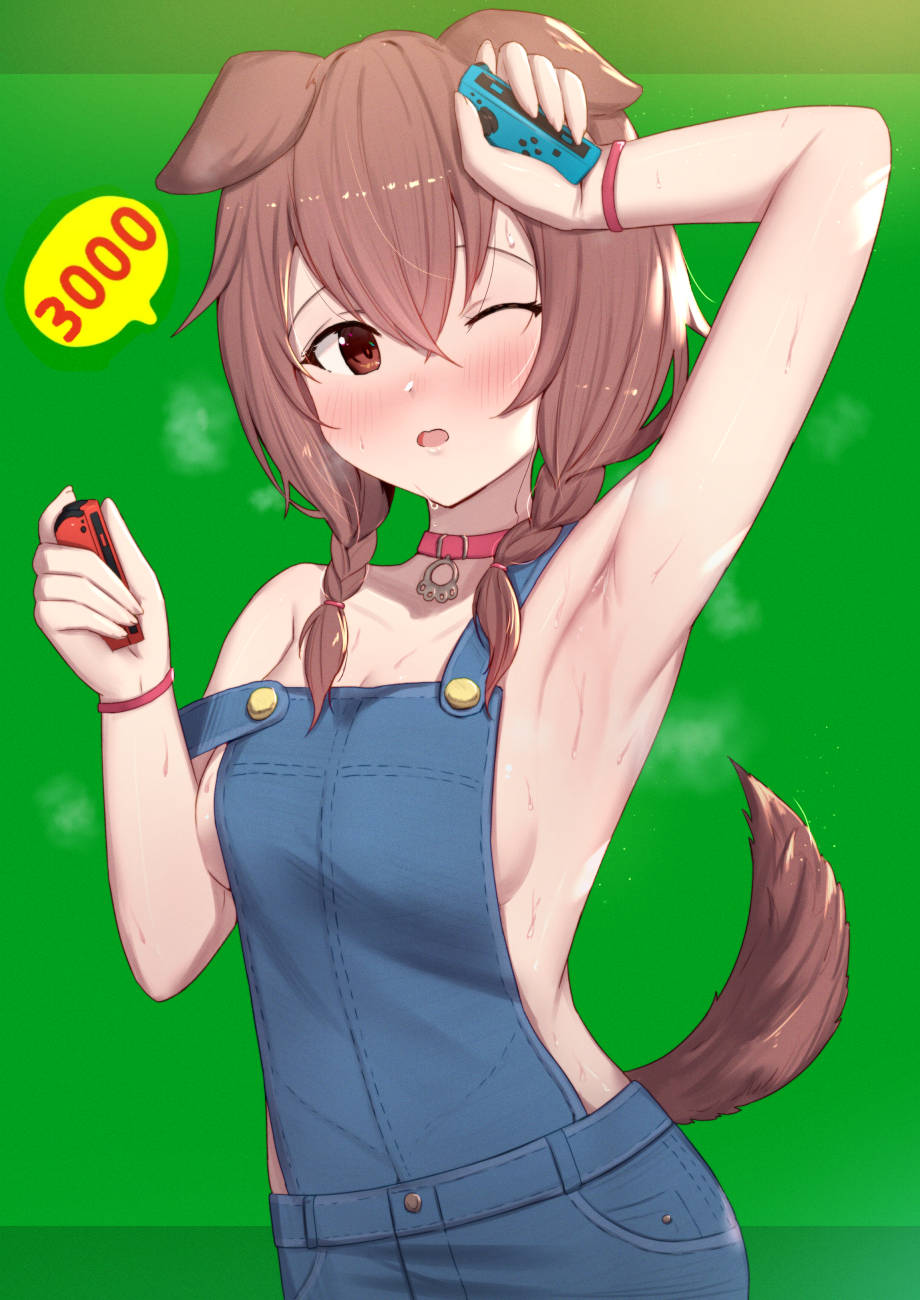1girl ;o animal_ears arm_up armpits bangs bare_arms bare_shoulders blush braid breasts brown_hair collar commentary_request dog_ears dog_girl dog_tail green_background highres holding hololive inugami_korone joy-con looking_at_viewer naked_overalls one_eye_closed open_mouth overalls red_eyes sideboob simple_background small_breasts solo speech_bubble spoken_number strap_slip sweat tail twin_braids uneg wristband