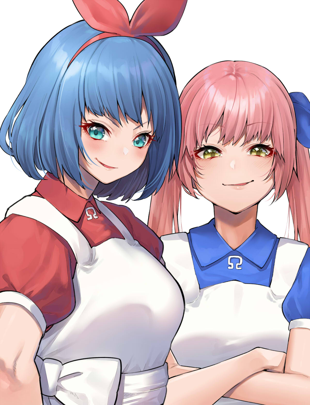 2girls blue_hair blush collared_shirt crossed_arms dress eyelashes hair_ribbon highres looking_at_viewer mikan_(chipstar182) multiple_girls omega_rei omega_rio omega_sisters pinafore_dress puffy_short_sleeves puffy_sleeves purple_hair ribbon shirt short_sleeves siblings simple_background sisters smile smirk smug upper_body virtual_youtuber white_background white_dress