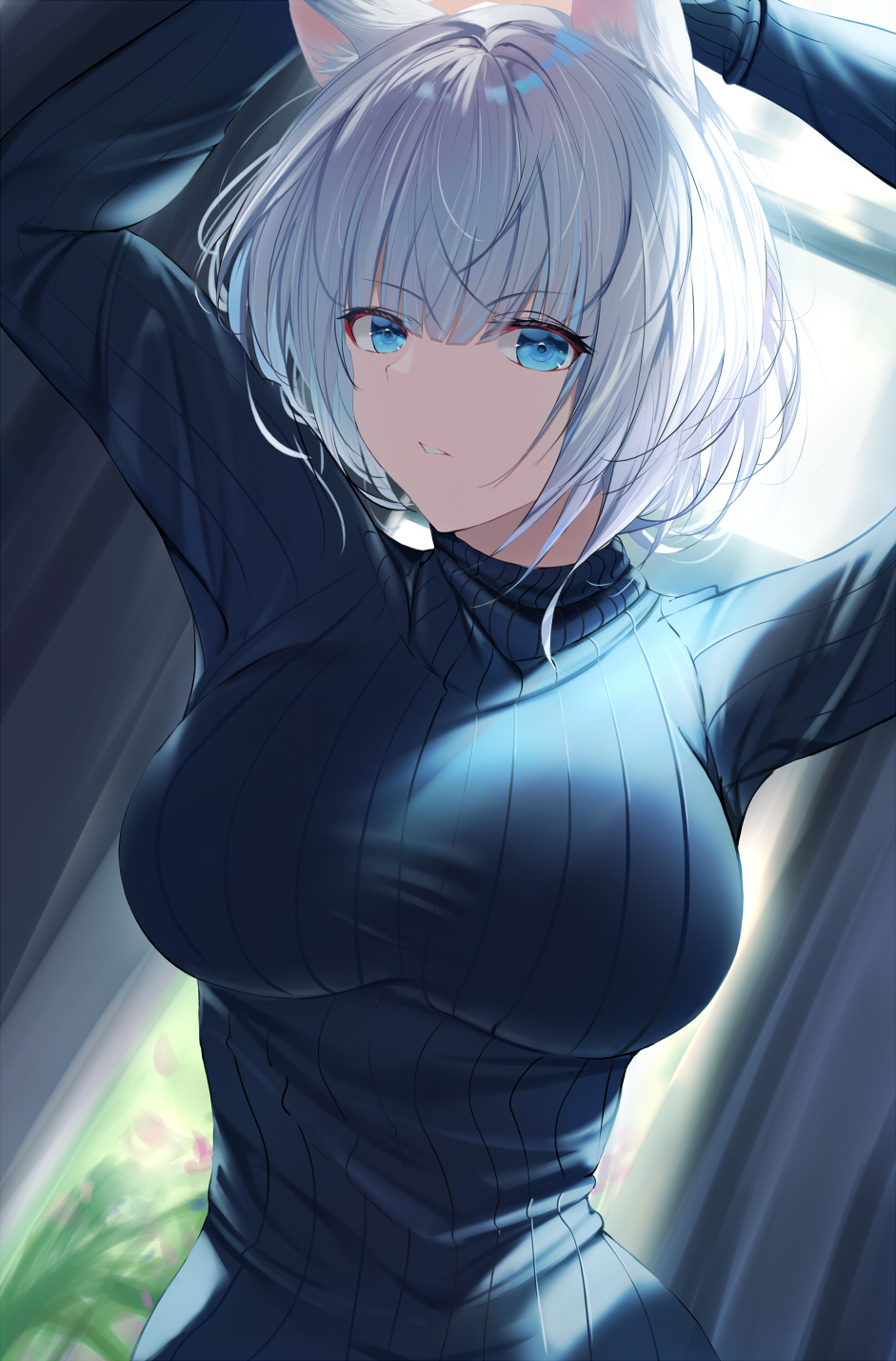 1girl alternate_costume animal_ears azur_lane backlighting bangs blue_eyes blue_sweater blunt_bangs breasts commentary_request dutch_angle eyebrows_visible_through_hair fox_ears fox_girl highres kaga_(azur_lane) large_breasts long_sleeves looking_at_viewer parted_lips short_hair silver_hair solo sweater v-shaped_eyebrows xi_ying