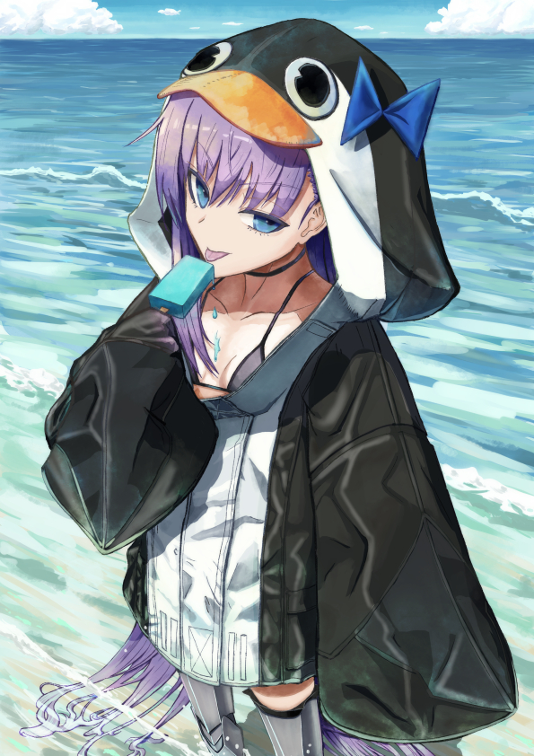 1girl animal_hood armored_boots bangs beach bikini bikini_top black_jacket blue_bow boots bow breasts choker closed_mouth collarbone deishuu eyebrows_visible_through_hair fate/grand_order fate_(series) food from_side hair_strand hand_up hood ice_cream jacket licking long_hair long_sleeves looking_at_viewer looking_to_the_side meltryllis meltryllis_(swimsuit_lancer)_(fate) purple_hair sleeves_past_fingers sleeves_past_wrists small_breasts smile solo standing swimsuit thighs tongue tongue_out very_long_hair violet_eyes wide_sleeves