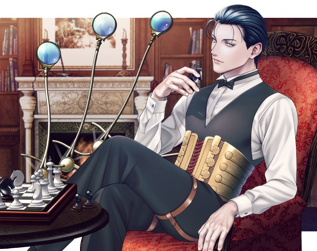 1boy bangs blue_eyes blue_hair bow bowtie chess_piece chessboard collared_shirt corset crossed_legs fate/grand_order fate_(series) fireplace hair_slicked_back holding looking_at_viewer magnifying_glass sherlock_holmes_(fate/grand_order) shirt sitting vest