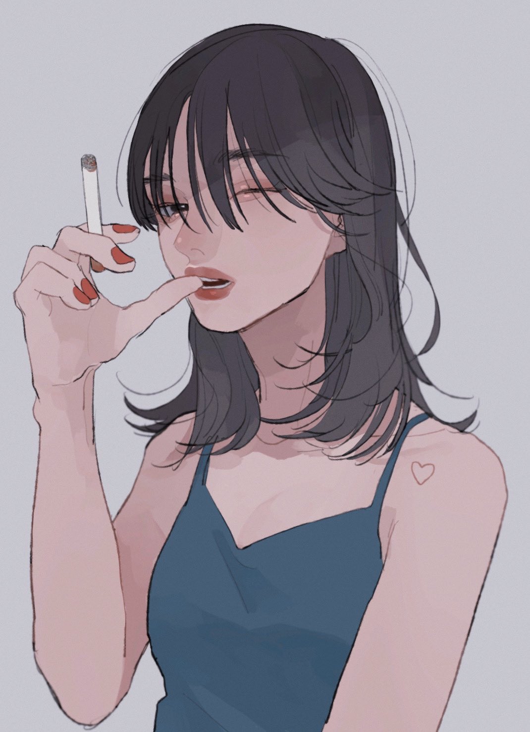 1girl bangs black_hair blue_camisole camisole cigarette grey_background hand_up heart highres holding holding_cigarette long_hair looking_at_viewer open_mouth original red_nails simple_background solo tami_moon