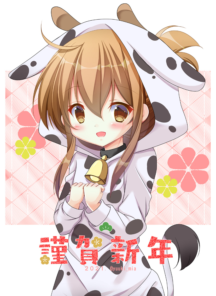 1girl 2021 animal_costume animal_ears animal_print bell brown_eyes brown_hair commentary_request cow_costume cow_ears cow_horns cow_print cow_tail cowbell floral_background folded_ponytail hands_on_own_chest horns inazuma_(kantai_collection) kantai_collection long_hair new_year solo tail yuuki_mia