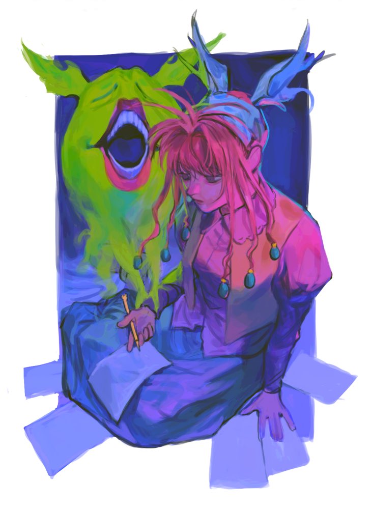 1girl bangs blue_background blue_dress closed_eyes closed_mouth collared_shirt commentary dress eyebrows_visible_through_hair holding holding_pen hunter_x_hunter lips long_sleeves looking_down looking_to_the_side monster neon_nostrade open_clothes open_mouth open_vest paper pen pink_hair pink_shirt pink_vest shirt sidelocks sitting teeth two-tone_background umi_(k_mpk) vest violet_eyes white_background