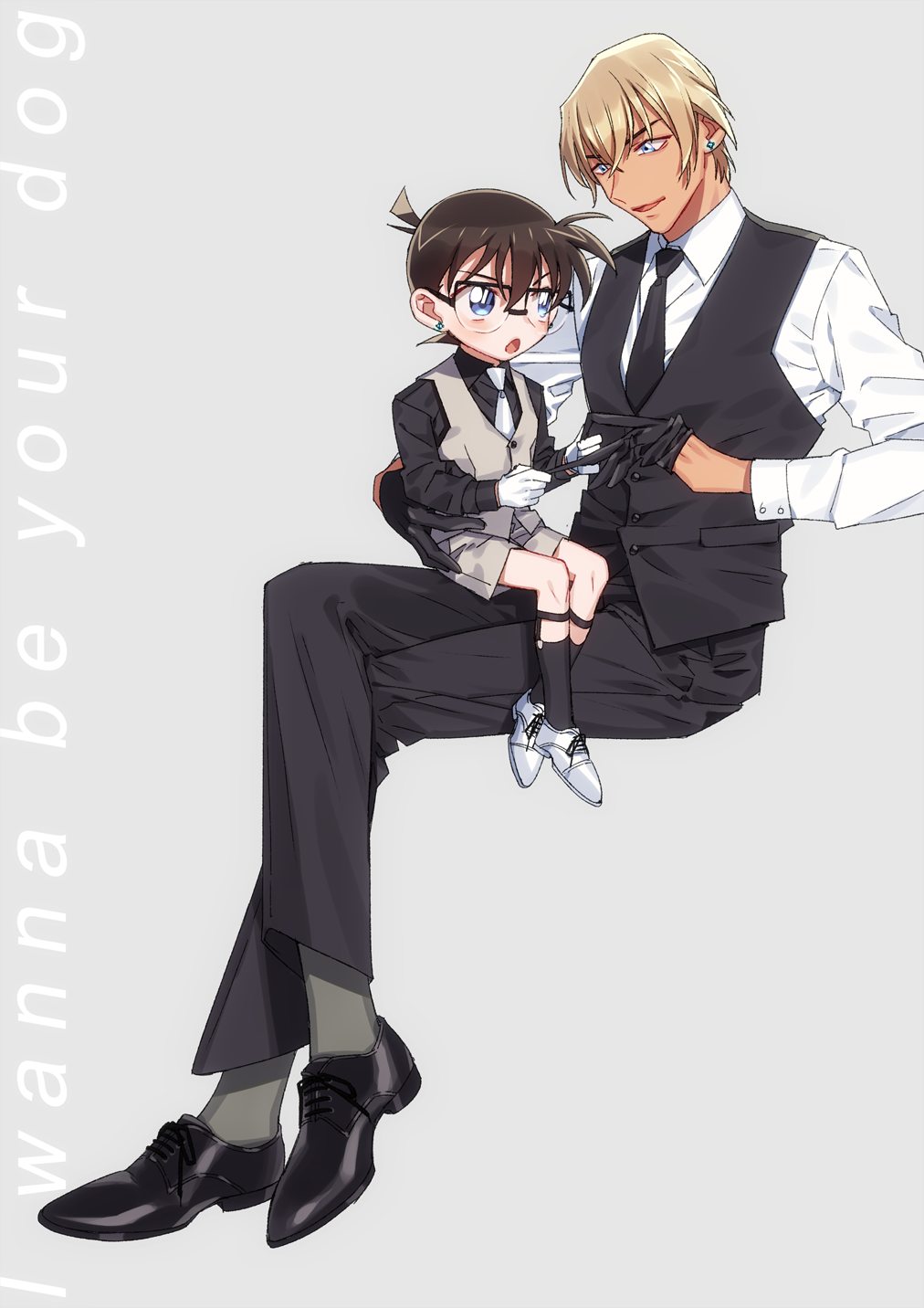 2boys amuro_tooru bangs black-framed_eyewear black_gloves black_legwear black_neckwear black_shirt black_vest blonde_hair blue_eyes blush brown_hair buttons child collared_shirt commentary_request crossed_legs earrings edogawa_conan english_text eye_contact glasses glove_pull gloves grey_background grey_legwear grey_shorts grey_vest hair_between_eyes highres invisible_chair jewelry k_(gear_labo) long_sleeves looking_at_another male_focus meitantei_conan multiple_boys necktie open_mouth removing_glove shin_strap shirt shoes short_hair shorts simple_background sitting smile socks vest white_footwear white_gloves white_neckwear white_shirt
