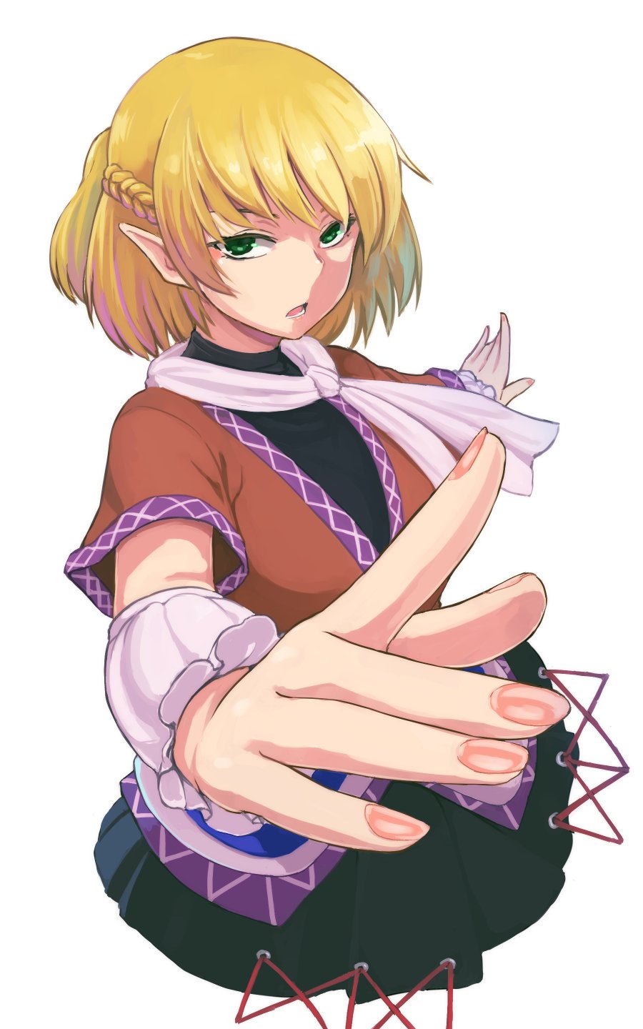 1girl arm_warmers bangs blonde_hair braid brown_jacket french_braid green_eyes half_updo highres jacket kakone looking_at_viewer mizuhashi_parsee nail_polish open_mouth pointy_ears scarf short_hair short_sleeves simple_background solo touhou upper_body white_background white_scarf