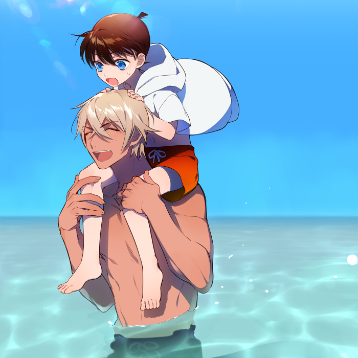 2boys :d ^_^ amuro_tooru bangs bare_pecs barefoot blonde_hair blue_eyes blue_sky brown_hair carrying child closed_eyes collarbone commentary_request day edogawa_conan from_side hair_between_eyes hands_on_another's_head happy hood hood_down hoodie kanamura_ren looking_at_another looking_down male_focus meitantei_conan multiple_boys navel no_eyewear no_nipples ocean open_clothes open_hoodie open_mouth outdoors partially_submerged pectorals piggyback shadow short_hair sky smile sunlight sweatdrop toned toned_male upper_teeth white_hoodie wind