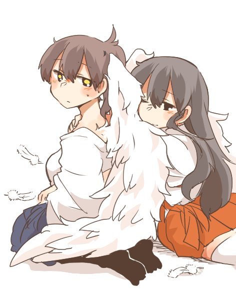 2girls akagi_(kantai_collection) angel_wings black_eyes black_hair blush brown_hair commentary_request feathered_wings feathers kaga_(kantai_collection) kantai_collection leaning_on_person long_hair multiple_girls one_eye_closed rebecca_(keinelove) short_hair side_ponytail sitting smile sweat white_wings wings