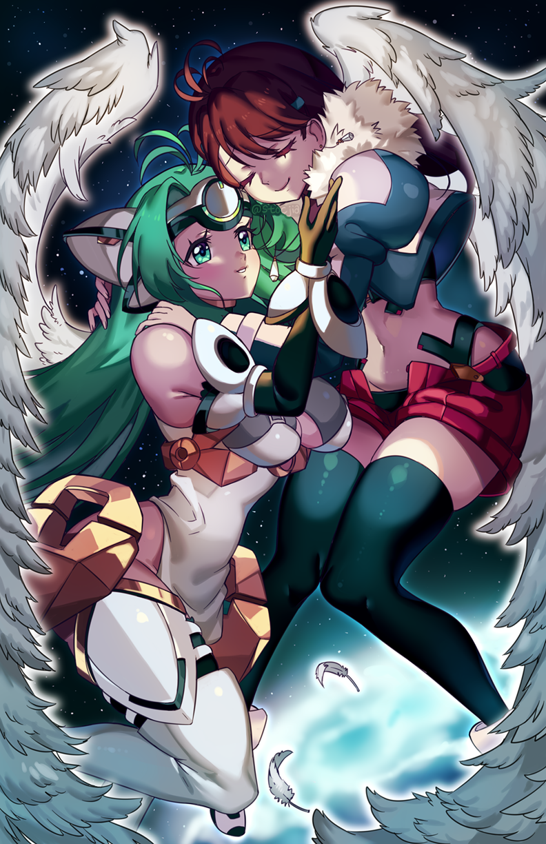 2girls angel_wings brown_hair closed_eyes feet_out_of_frame forehead_protector fur_collar green_eyes green_hair highres kos-mos long_hair multiple_girls red_shorts shion_uzuki shorts space thigh-highs thighs wings xenosaga yagi_(kyuhyun)