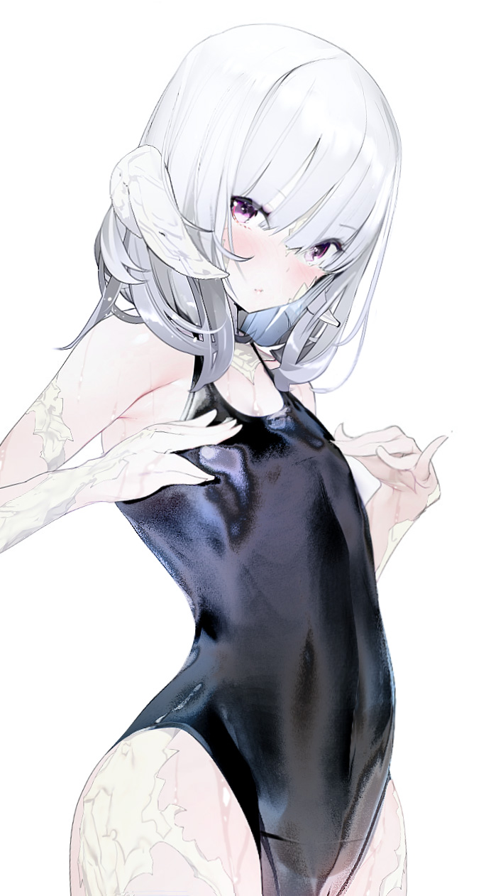 1girl au_ra black_swimsuit blush commentary cowboy_shot dragon_horns eyebrows_visible_through_hair final_fantasy final_fantasy_xiv flat_chest hair_between_eyes hands_on_own_chest highres horns kaede_(sayappa) looking_at_viewer medium_hair one-piece_swimsuit scales school_swimsuit shiny_swimsuit silver_hair simple_background solo swimsuit violet_eyes white_background