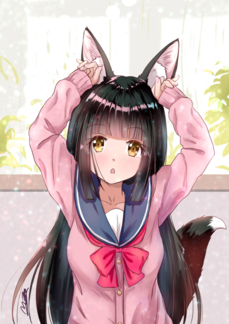 1girl alternate_costume animal_ears arms_up azur_lane bangs black_hair blunt_bangs blurry cardigan collarbone commentary_request contemporary depth_of_field eyebrows_visible_through_hair fox_ears fox_girl fox_tail long_hair looking_at_viewer m_ko_(maxft2) nagato_(azur_lane) parted_lips school_uniform serafuku sidelocks signature solo tail yellow_eyes