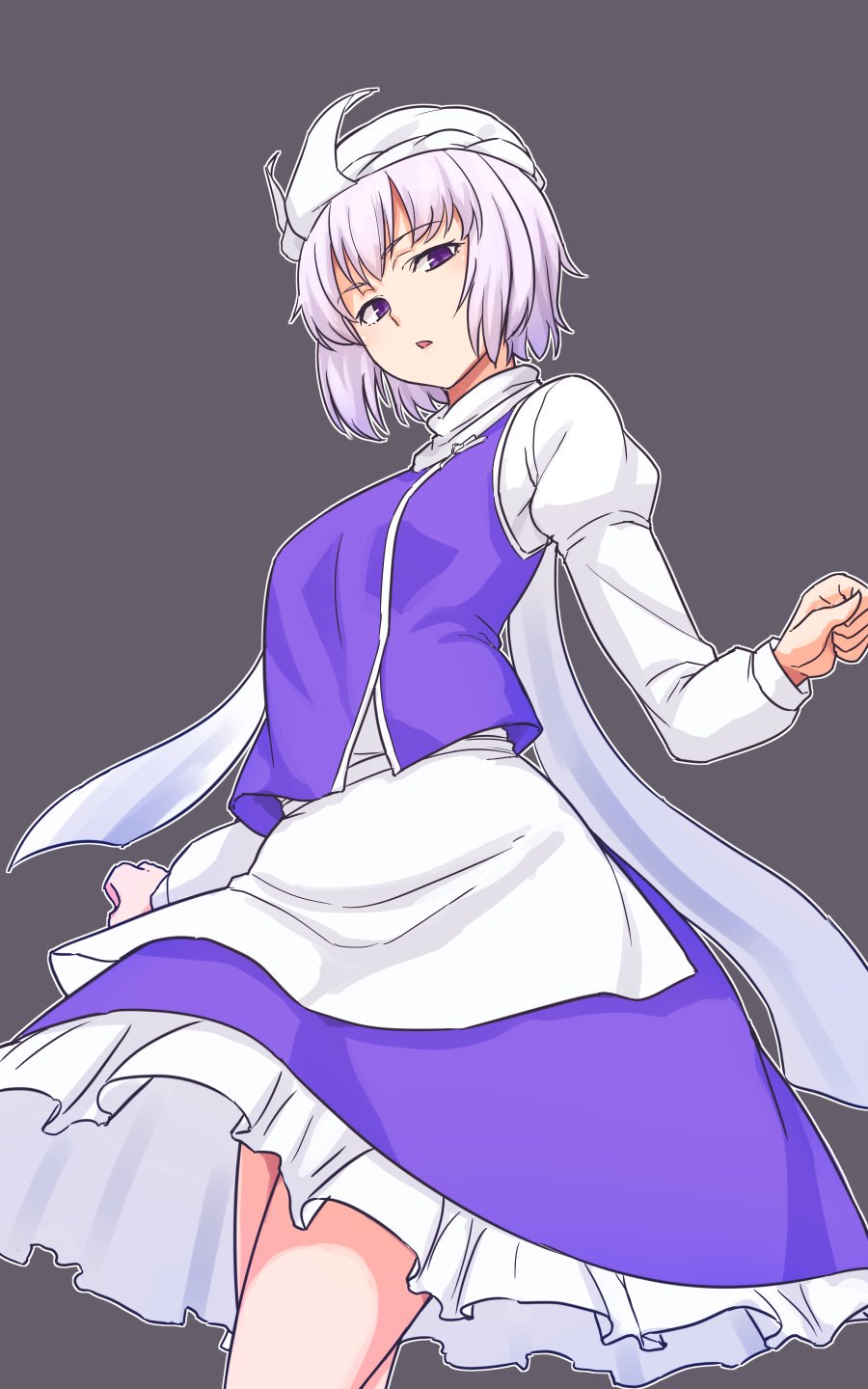 1girl apron bangs blue_skirt blue_vest cowboy_shot eyebrows_visible_through_hair frilled_skirt frills grey_background highres juliet_sleeves kakone letty_whiterock light_purple_hair long_sleeves looking_at_viewer open_mouth puffy_sleeves scarf short_hair simple_background skirt solo standing touhou vest violet_eyes white_apron white_headwear white_scarf