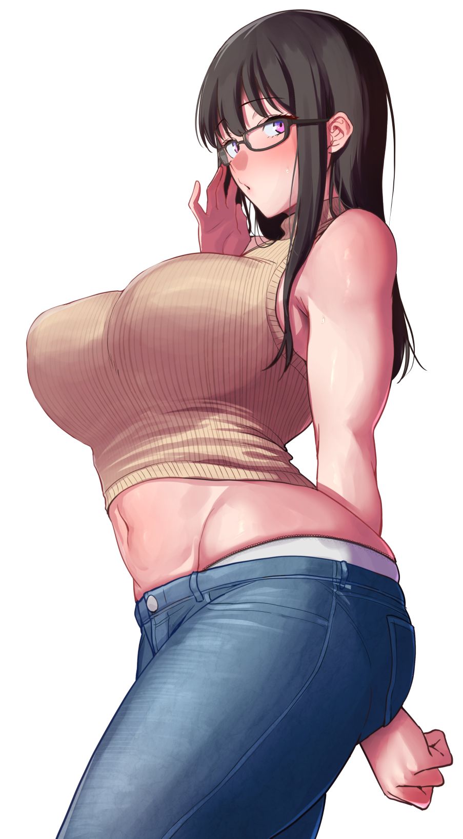 1girl amano_don bangs bare_shoulders black_hair blush breasts denim glasses highres jeans large_breasts long_hair looking_at_viewer midriff navel original pants shirt simple_background sleeveless sleeveless_shirt thighs violet_eyes white_background