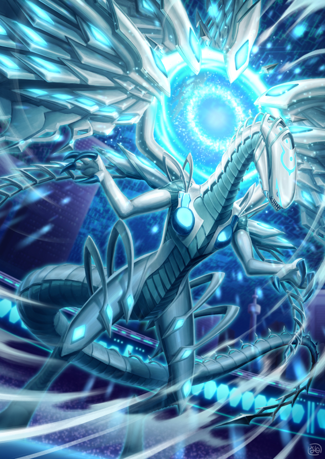 blue_eyes claws commentary_request deep-eyes_white_dragon dragon duel_monster energy from_below koma_yoichi open_mouth sharp_teeth solo stadium teeth yu-gi-oh! yu-gi-oh!_the_dark_side_of_dimensions