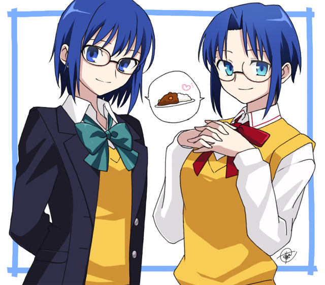 1girl arms_behind_back bangs black-framed_eyewear blue_eyes blue_hair blue_jacket blush bow bowtie breasts buttons ciel_(tsukihime) closed_mouth collared_shirt commentary_request curry eyebrows_visible_through_hair fingers_together food glasses green_bow hair_between_eyes heart jacket long_sleeves looking_at_viewer open_clothes open_jacket own_hands_together parted_bangs pocket red_bow school_uniform shirt short_hair signature simple_background smile tsukihime tsukihime_(remake) uniform vanilla1034 vest white_background white_shirt yellow_vest