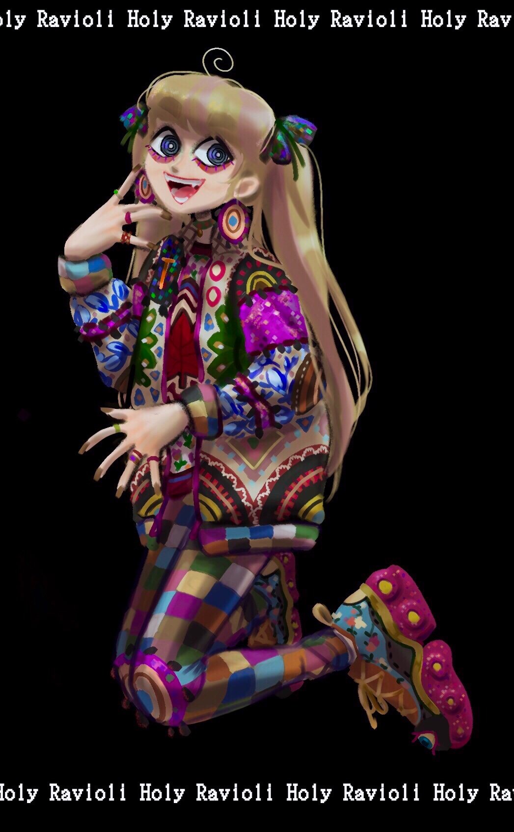 1girl :d black_background blonde_hair blue_eyes bow bright_pupils brown_nails colorful fingernails full_body hair_bow hand_up highres holy_ravioli jacket long_hair long_sleeves looking_at_viewer multicolored multicolored_clothes multicolored_footwear multicolored_jacket multicolored_legwear multiple_rings nail_polish open_clothes open_jacket open_mouth original pants purple_bow ringed_eyes shoes simple_background smile sneakers solo twintails white_pupils