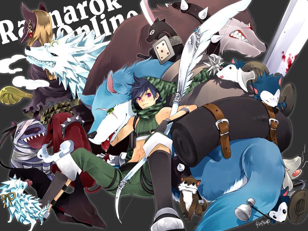 animal_collar anubis anubis_(ragnarok_online) armored_boots atroce axe bandages bangs black_hair blood bloody_weapon bone boots bow_(weapon) camouflage camouflage_headwear cleaver closed_mouth collar commentary_request crop_top desert_wolf_(ragnarok_online) dog earrings full_body green_pants green_shirt hammer hatii_(ragnarok_online) hellhound_(ragnarok_online) holding holding_axe holding_bow_(weapon) holding_hammer holding_shield holding_sword holding_weapon hood ice jewelry kobold_(ragnarok_online) looking_at_viewer mace matyr_(ragnarok_online) open_mouth pacifier pants pink_eyes ragnarok_online ranger_(ragnarok_online) scar scar_across_eye shield shirt short_hair signature sitting sleeveless sleeveless_shirt spiked_collar spikes sword toned toned_male tongue tongue_out trait_connection verit_(ragnarok_online) war_hammer weapon wolf yutsuki