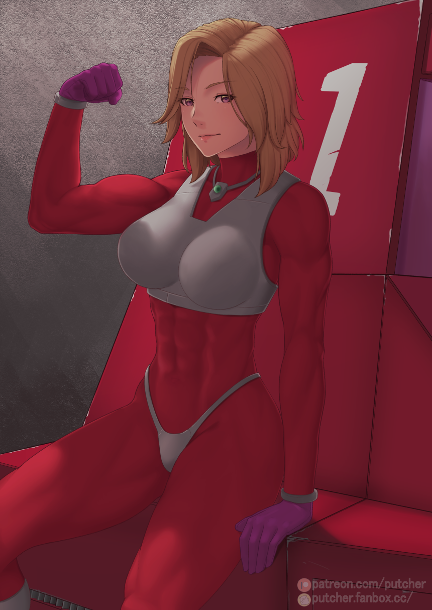 1girl abs blonde_hair bodysuit breasts clenched_hand closed_mouth commission f-zero gloves hand_up highres looking_at_viewer monique_l'amoreaux purple_gloves putcher red_bodysuit short_hair sitting solo violet_eyes